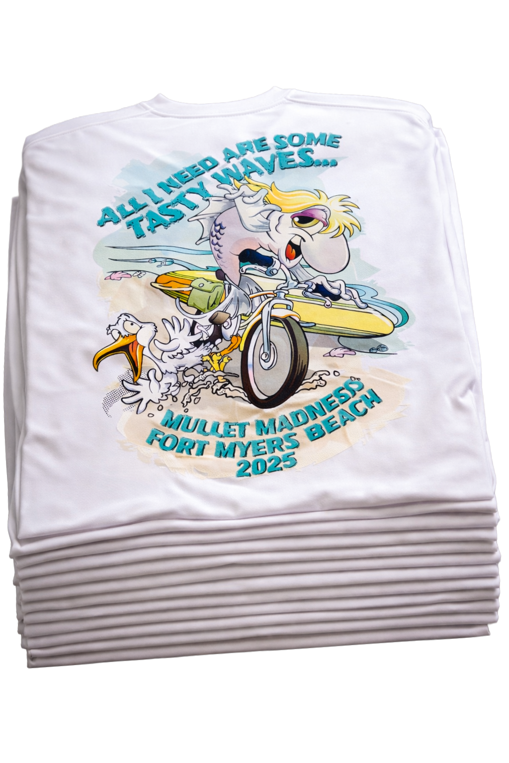 mullet madness beach t shirt stack (1)